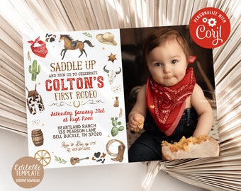 Editable Cowboy Birthday Invitation 1st Rodeo Party Invite Red Wild West Theme Ranch Photo Template Printable Instant Download