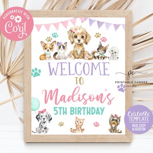 Modello modificabile di cartello di benvenuto per ragazza, cucciolo, gattino, gatto, cane, festa di compleanno, tema animale domestico rosa acquerello, modello stampabile