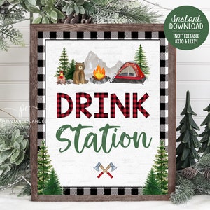 Camping Drink Sign Party Decor Black Lumberjack One happy Camper Signs Birthday Party Printables Instant Download