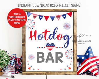 4th of July Hotdog Bar Sign Red White and Blue Firecracker Birthday Food Signs Patriotic Stars Stripes Party Decor Download Printable