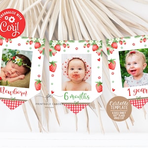 Editable Strawberry First Birthday Banner Strawberries Monthly Photo Flags Summer Berry Party Decor Template Printable