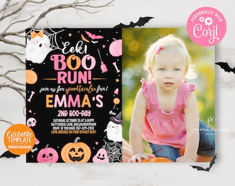 Editable Halloween Pink Ghost Birthday Invite Girl Boo Theme Spooktacular Photo Invitation Template Instant Download Printable