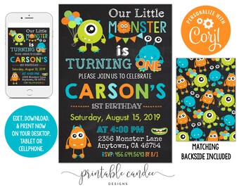 Monster 1st Birthday Invitation Little Monster First Invite Theme Instant Download Editable File Printable DIY File