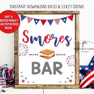 4th of July Smores Bar Sign Red White and Blue Firecracker Birthday Food Signs Patriotic Stars Stripes Party Decor Download Printable