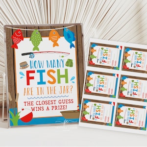 Indovina quanti pesci ci sono nel barattolo Gioco stampabile Giochi di compleanno di pesca Download immediato TTBF