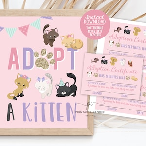 Kitten Adoption Party Game Cat Certificate Kitty Birthday Party Theme Girls Pet Birthday Pink Printable Decor