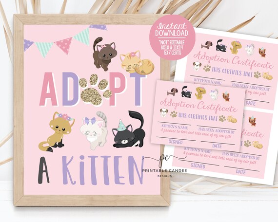Kitten Adoption Party Game Cat Certificate Kitty Birthday Party Theme Girls Pet Birthday Pink Printable Decor