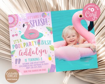 Flamingo Pool Party Invitation Editable Summer Birthday Invite Template Pastel Flamingle Theme Instant Download Printable File