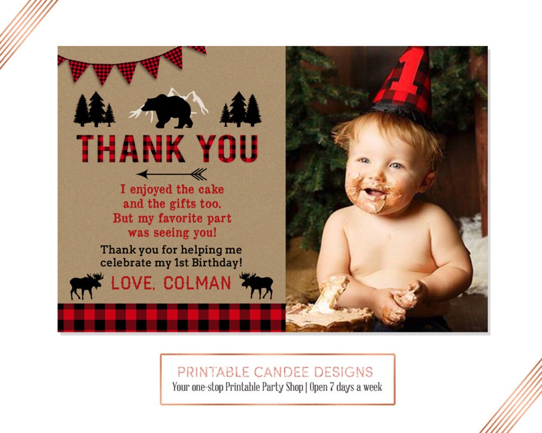 Lumberjack Thank You, Buffalo Plaid 1st Birthday, Photo Thank You Card ...
