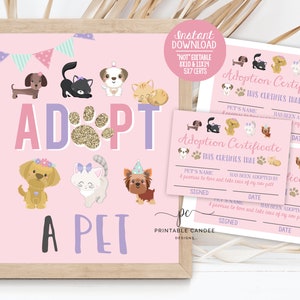 ペット養子縁組パーティーゲーム 猫の証明書 子猫の子犬の誕生日パーティーテーマ 女の子の誕生日 ピンクの印刷可能な装飾