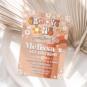 Editable Groovy One Birthday Invitation Daisy Rainbow Groovy 1st Birthday Invite Party Template