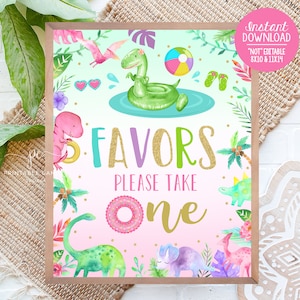 Dinosaur Pool Party Favor Sign Girl Birthday Dino Summer Printable Theme Favors Table Sign Printable