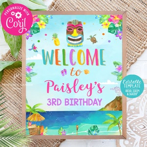 Luau signo de bienvenida editable playa fiesta de cumpleaños Luau puerta signo tropical verano tema plantilla de descarga instantánea