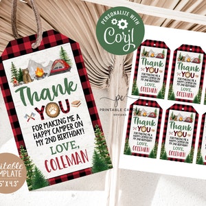 Editable Camping Favor Tags One Happy Camper Smores Red Lumberjack Template Bear Party Plaid Decor Printables