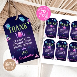 Girl Dragon Favor Tags Editable Birthday Pink Dragon Party Printable Luggage Favors Dragons Theme Template Instant Download