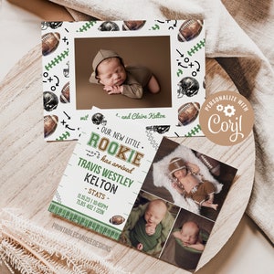 Plantilla de anuncio de nacimiento de fútbol Little Rookie Editable Baby Boy Newborn Card Plantilla de fotografía Descarga instantánea