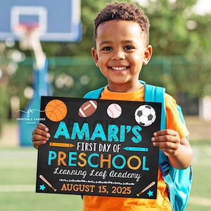Editable First Day of School Sign Sports 1st Day of Preschool Template Back to School Signs Kindergarten Printable