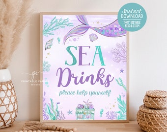 Mermaid Party Drink Sign Purple Teal Gold Birthday Theme Sea Water Table Sign Mermaids Decor Instant Download Printable 35421