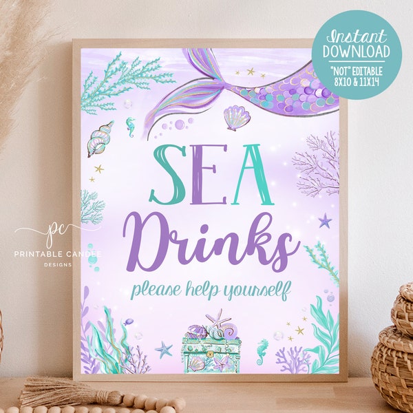 Mermaid Party Drink Sign Purple Teal Gold Birthday Theme Sea Water Table Sign Mermaids Decor Instant Download Printable 35421