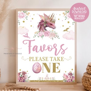 Girl Dragon Favor Sign Pink Gold Dragon Birthday Party Theme Table Sign Decor Favors Printable Instant Download