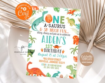 May include: Editable dinosaur-themed first birthday party invitation template with a green, blue, and orange color scheme. The invitation features a dinosaur with the text "One A-saurus & So Much Fun... stomp, chomp and join us to celebrate Aiden's 1st Birthday August 15 at 3:00pm 456 Stego Street Rexville, Jurassic 53214 RSVP: To Mamasaur at 326-511-5361".