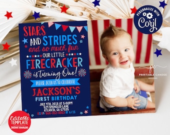 4th of July 1st Birthday Invitation Firecracker Patriotic Stars Stripes American First Editable Photo Template Download Printable