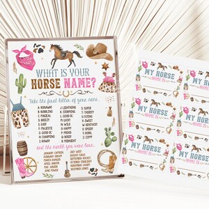 Puede incluir: Un juego de fiesta imprimible para una fiesta con temática de caballos. El juego pide a los invitados que tomen la primera letra de su nombre y encuentren el nombre de caballo correspondiente en la lista. El juego también incluye una lista de nombres de caballos basados en el mes de nacimiento del invitado. El juego incluye un cartel imprimible con un esquema de color rosa y azul y una ilustración de caballo. El juego también incluye etiquetas de nombre imprimibles con el texto "Mi nombre de caballo es..."