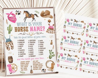 Può includere: Un gioco di festa stampabile a tema cavallo. Il gioco chiede agli ospiti di prendere la prima lettera del loro nome e trovare il nome del cavallo corrispondente nell'elenco. Il gioco include anche un elenco di nomi di cavalli in base al mese di nascita dell'ospite. Il gioco include un cartello stampabile con uno schema di colori rosa e blu e un'illustrazione di un cavallo. Il gioco include anche etichette con il nome stampabili con il testo "Il mio nome di cavallo è..."