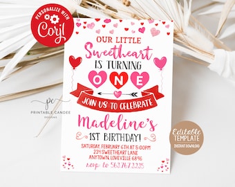 Peut inclure: Une invitation imprimable rose et rouge pour un premier anniversaire. L'invitation présente un motif de cœur avec le texte "Our Little Sweetheart is Turning One" et "Madeline's 1st Birthday!" L'invitation comprend également la date, l'heure et le lieu de la fête.