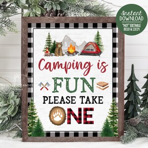 Camping Favor Sign Party Decor Black Lumberjack One happy Camper Signs Bear Birthday Party Printables Instant Download