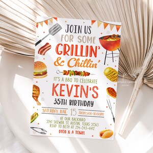 May include: A white and orange invitation with a watercolor illustration of a grill, food, and the text "Join us for some Grillin' & Chillin' It's a BBQ to celebrate Kevin's 35th Birthday Saturday, June 15 from 5:00-10:00PM At our backyard 5341 Skewer St, Austin, Texas 51563 RSVP to Beth at 234-543-6412 BYOB & a towel"