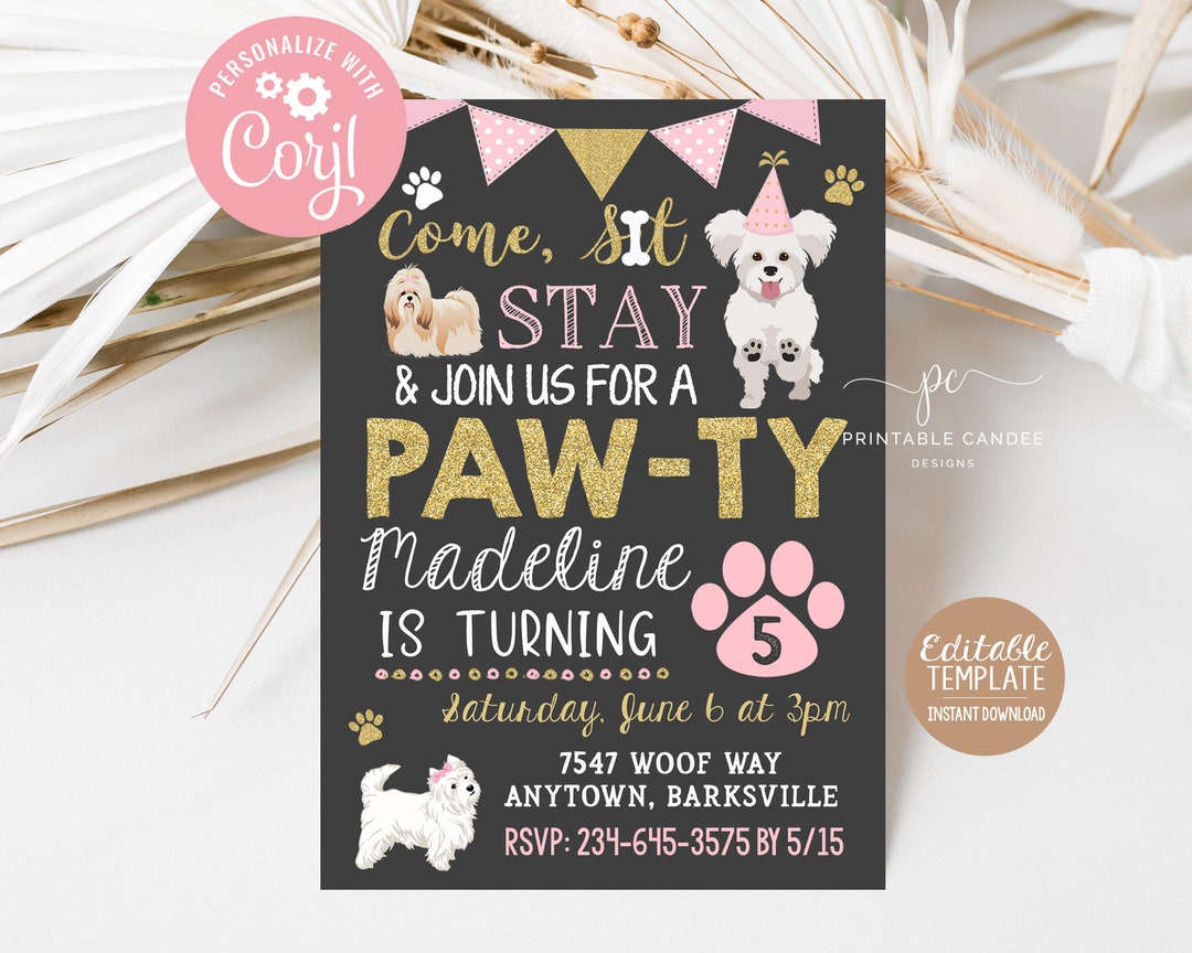 Girl Puppy Birthday Invitation Pink and Gold Dog Party Pet Invite Theme ...