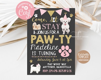 Invitación de cumpleaños de niña y cachorro, fiesta de perros rosa y dorado, tema de invitación para mascotas, sin foto, archivo imprimible, plantilla editable