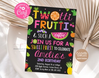 May include: A colorful invitation for a 2nd birthday party with a fruit theme. The invitation features a chalkboard background with the text "Two-tti Frutti & Such a Cutie" and a variety of fruits, including watermelon, pineapple, strawberries, and cherries. The invitation also includes the name "Amelia's" and the date and time of the party.