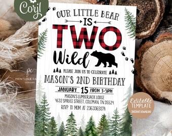 Lumberjack 2nd Birthday Invitation Template Two Wild Bear Invite Boy Buffalo Plaid Template Printable Download
