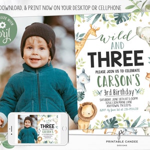 Editable Safari Birthday Invitation Wild Three Boy Invite 3rd Birthday Jungle Animal Party Photo Template Digital download