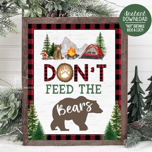 Camping Don&#39;t Feed the Bears Sign Party Decor Red Lumberjack One happy Camper Signs Birthday Party Printables Instant Download