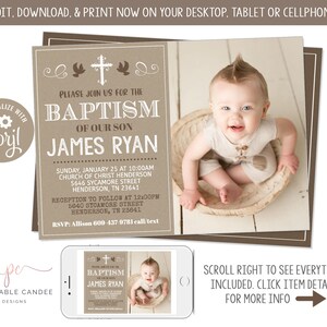 Boy Baptism Invitation Burlap Christening Invite Dedication Neutral Brown Printable Template Instant Download File