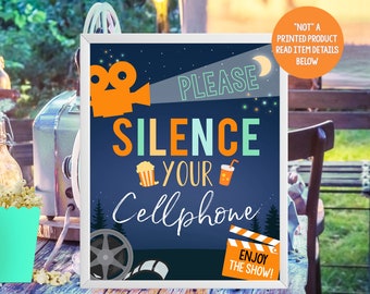 Backyard Movie Night Printable Silence Cellphone Sign Outdoor Movie Birthday Party Decor Sleepover Instant Download