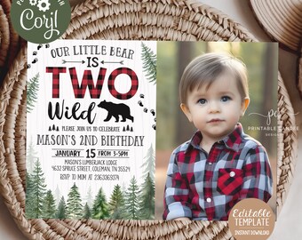 Lumberjack 2nd Birthday Invitation Template Two Wild Bear Invite Boy Buffalo Plaid Photo Template Printable Download