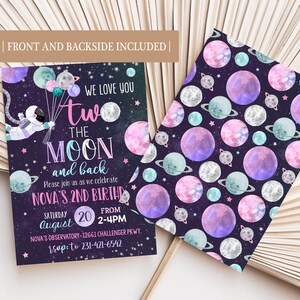 May include: A purple and blue space-themed birthday invitation with a cartoon astronaut holding balloons. The text reads "We love you two the moon and back. Please join us as we celebrate Nova's 2nd Birthday. Saturday August 20 from 2-4pm. Nova's Observatory - 12661 Challenger Pkwy. RSVP to 231-421-6542."