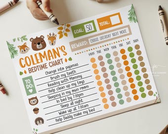 Kinderen blijven de hele nacht in bed Beloningstabelsjabloon Nachtelijke routine voor kinderen bewerkbare slaaptracker voor peuters Bedtijdlogboek voor peuters Woodland
