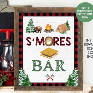 S&#39;mores Bar Sign Camping Party Decor Lumberjack One happy Camper Signs Bear Birthday Party Printables Instant Download