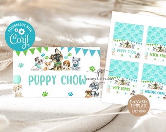 May include: Printable party favor tags featuring a blue and green paw print pattern. The tags are labeled "Puppy Chow", "Fetch Sticks", "Milk Bones", and "Pawtato Chips".