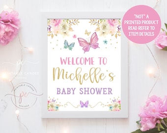 Butterfly Welcome Sign Baby Shower Pink Purple Aqua Gold Garden Tea Party Theme Table Sign Printable
