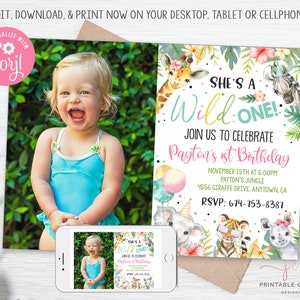 Wild One Invitation Jungle Animal 1st Birthday Party Editable Safari Girl Turning 1 Instant download Template