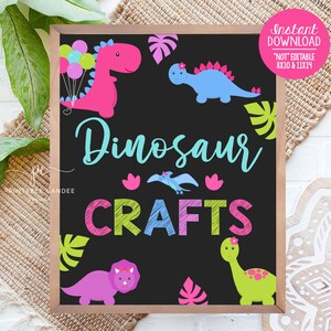 Dinosaur Crafts sign Girl Dino Birthday Pink Chalk Party Activity Games Decor Printable Instant Download