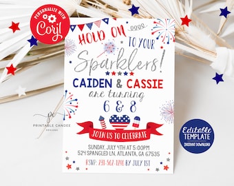Könnte beinhalten: Rote, weiße und blaue Einladung zu einer 4. Juli-Party mit Feuerwerk, Funken und dem Text "Hold on to your sparklers! Caiden & Cassie are turning 6 & 8. Join us to celebrate. Sunday, July 4th at 5:00pm. 524 Spangled Ln. Atlanta, GA 67535. RSVP: 231-562-1246 by July 1st."