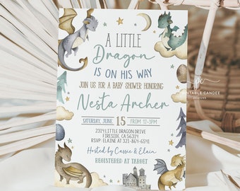 Editable Dragon Baby Shower Invitation Blue Dragons Theme It&#39;s a Boy Template Printable Invite BGTBS