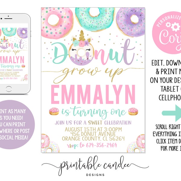 Unicorn Donut Birthday Invitation Pastel Unicorns Donuts Party Pink Mint Purple Gold Theme Printable File Instant Download Editable